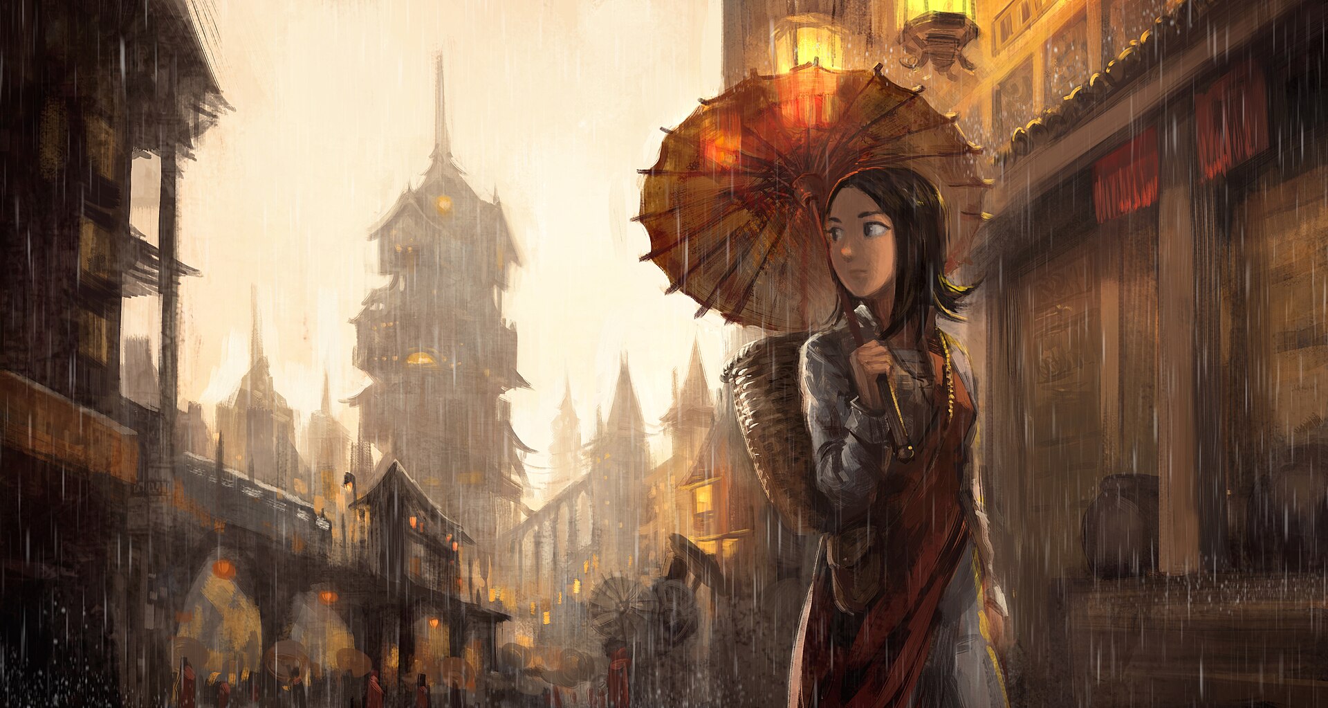 Дождливый город — цифровая живопись, Krita