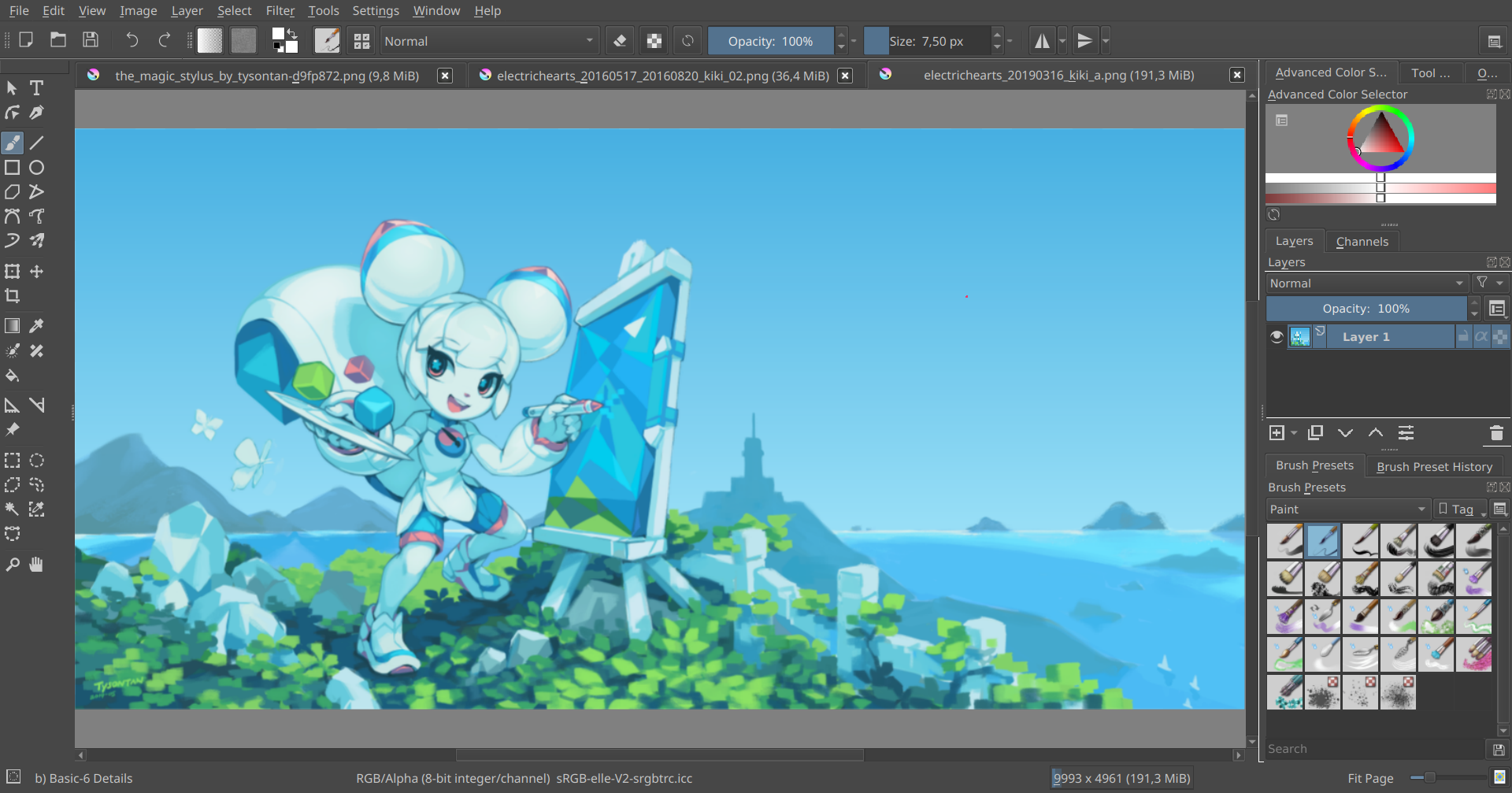 Интерфейс Krita — на холсте иллюстрация Кики (арт Tyson Tan)